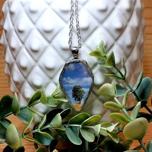 Necklace. Pendant w/ blue sky & tree. Handmade